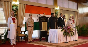 The Governor of Meghalaya Shri V. Shanmuganathan as the Governor of Arunachal Pradesh with the Hon�ble Chief Justice of Gauhati High Court Mr. Justice Shri Ajit Singh during swearing-in  ceremony in the Darbar Hall of Raj Bhavan, Itanagar on 14th September� 2016.